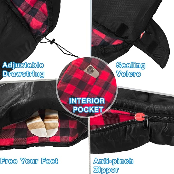 Flannel Sleeping Bag Cotton 0 Degree Cold Weather for Adults XXL Sleeping Bag 4 Season Big and Tall with Compression Sack