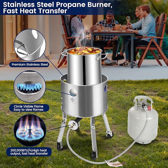 ARC Stainless Steel Single Propane Burner With 200,000BTU High-Output, Outdoor Stove Burner, Wheeled legs and 360° Windscreen, Ideal Outdoor Cooker Propane Burners For Turkey Fryer