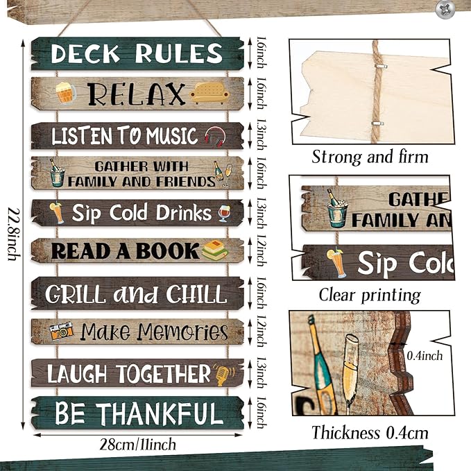 Tatuo Deck Rules Wooden Signs Funny Rules Signs Decorative Outdoor Regulations Plaque Wall Decor for Bar Campsite Cabin Tent Deck Sign Backyard Outdoors Home 11 x17 Inch