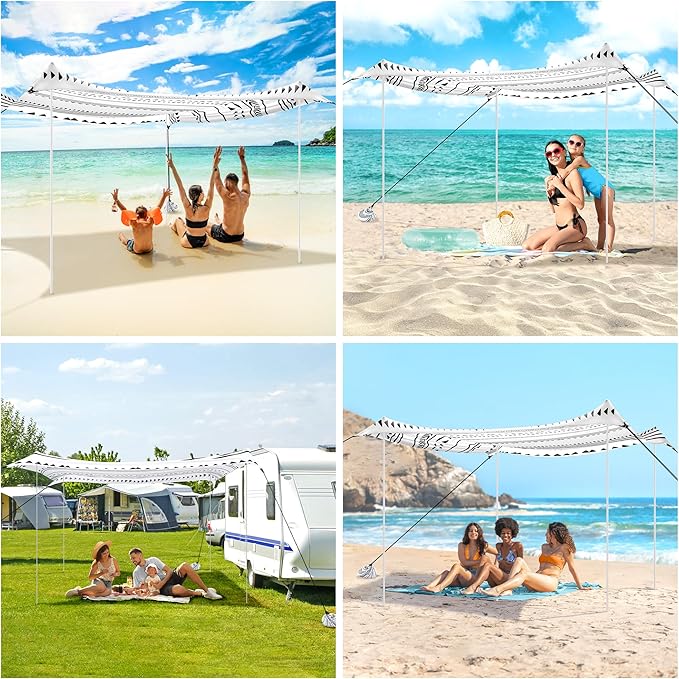 Beach Tent, Beach Canopy Sun Shade UPF 50+, Portable 10×10 FT Camping Sun Shelter with Sandbags, Poles, Ground Pegs and Anti-Wind Ropes Easy Setup for Outdoor, Backyard, Picnics, Fishing