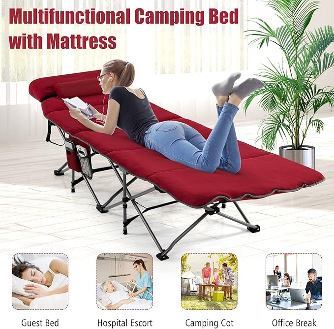 Goplus Camping Cot, Folding Camping Cot with Mattress, Pillow, Carry Bag, Storage Pocket, Camping Bed Military Cot for Home Office Nap Hiking, Heavy-Duty Portable Sleeping Cot for Adults Kids (Wine)