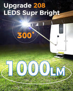 208LED High Bright Solar RV Lights Exterior, Clip on Solar RV Porch Light, 6000 mAh Camper Lights for Outside with Remote Control, Camping Light Outdoor Waterproof Motion Sensor for Camper Awning