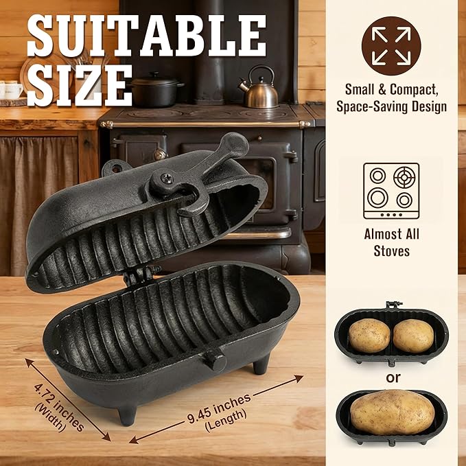 Enhon Cast Iron Baked Potato Cooker Latch, Cast Iron Potato Roaster for Wood Burners, Multifuel Stoves and Open Fires, Campsite Cooker for Flavorful Potatoes, Uniform Heating