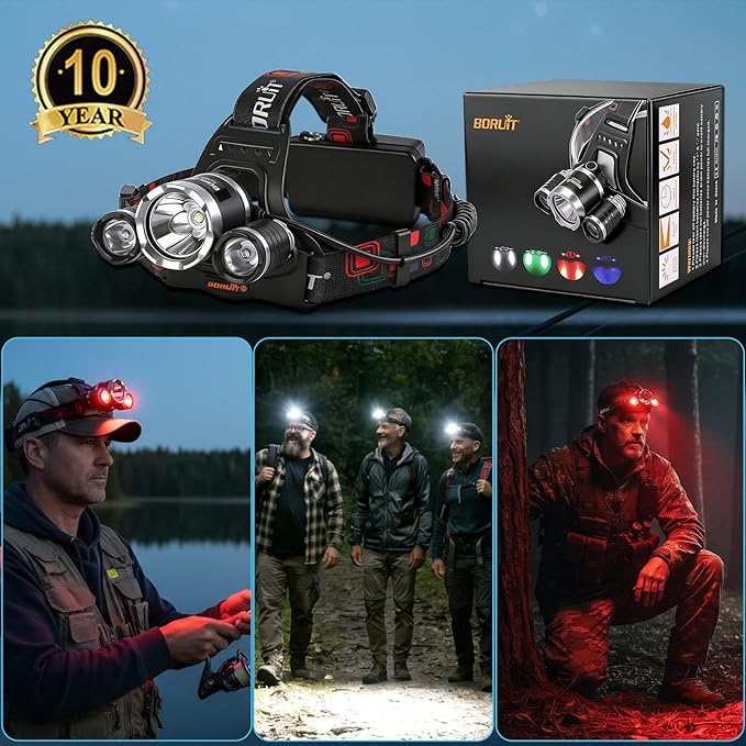 BORUIT RJ-3000 LED Rechargeable Headlamp with Red Light, Super Bright Hunting Head Lamp 3 Modes, Waterproof Head Light for Adult Fishing Camping Headlight Gear