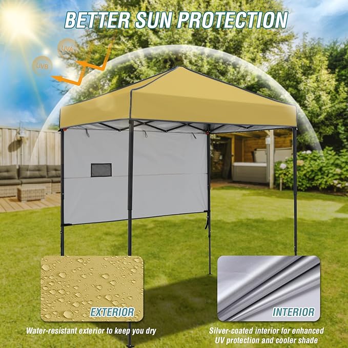 EAGLE PEAK 6x4 Instant Pop Up Canopy Tent with 1 Half Wall Panel, Straight Leg Sun Shelter, Portable Canopy with Carry Bag for Camping, Beach & Sports, Beige