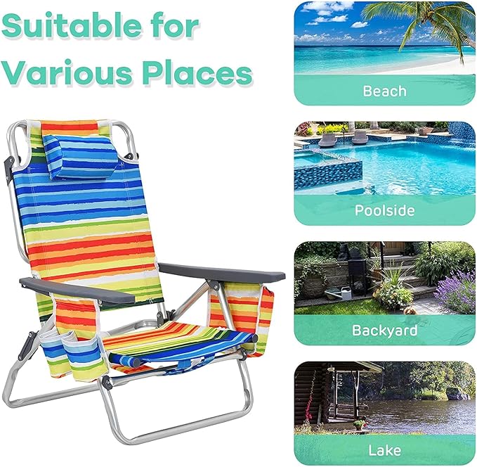 Goplus Beach Chair, Folding Backpack Beach Chairs for Adults with 5 Positions, Head Pillow, Cooler Bag, Towel Bar, Cup Holders, Sunbath Sling Tanning Lounge, Foldable Layout Camping Chairs