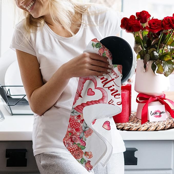 Valentines Day Kitchen Towels, Valentine Towels Set of 2, Gnomes Love Hearts Roses Happy Valentine's Day Hand Dish Tea Towels for Bathroom Housewarming Gifts Decorations for Home (18x28 Inches)