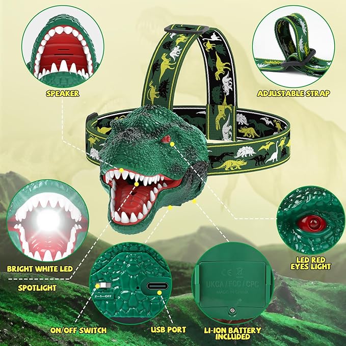 Dinosaur Headlamp for Kids Flashlight 2 Pack, Rechargeable Led Headlights Roar & Silent Mode, T-Rex Dinosaur Toys, Camping Gear, Easter Gifts for Boys Girls Adults