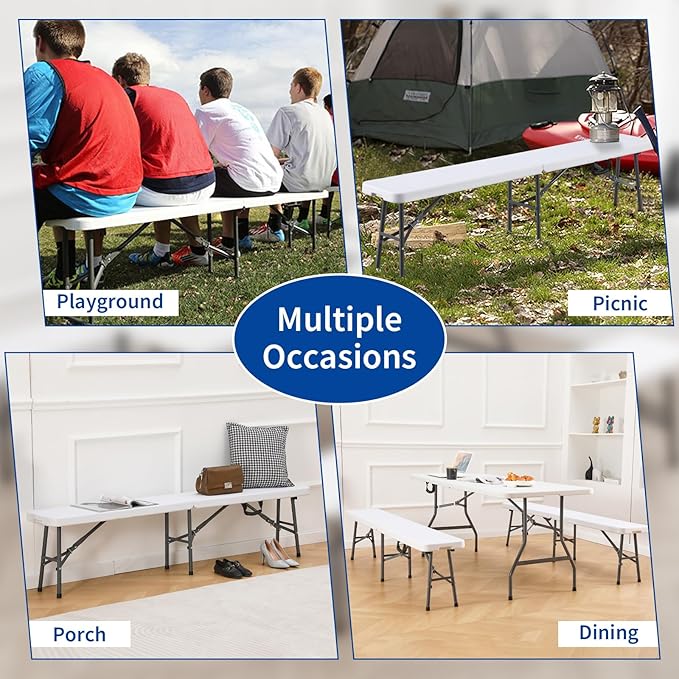 KAIHAOWIN 6FT Plastic Folding Bench White with Carrying Handle Indoor/Outdoor Portable Seat for Picnic, Camping, Dining, Party