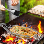 Fish Grill Basket, Heavy Duty Stainless Steel Grilling Basket with Removable Wooden Handle & Bonus Basting Brush, BBQ Accessories for Outdoor Camping Picnic, Cook Whole Fish, Seafood, Vegetables