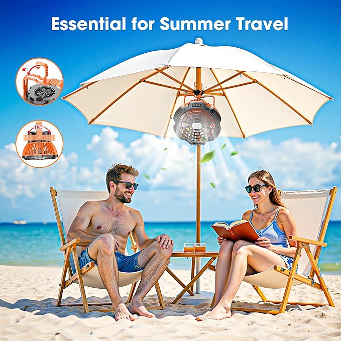 Portable Camping Fan & Lantern, (40H Max Working) Rechargeable Battery Operated Fans & Hook, 15000mAh Glamping Tent Hanging Fan for Car Camping Essentials Accessories,Hiking,Hurricane Survival Gear