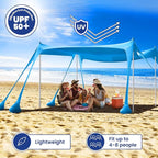 Rhino Valley Beach Tent Shade Canopy UPF50+ Protection, 8 Sandbags, 4 Stability Poles, Outdoor Sun Shelter Umbrella for Sand, Camping, Fishing Essentials