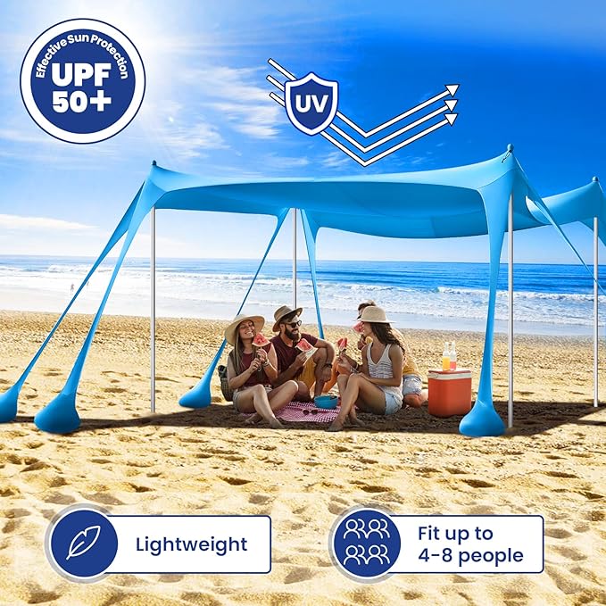 Rhino Valley Beach Tent Shade Canopy UPF50+ Protection, 8 Sandbags, 4 Stability Poles, Outdoor Sun Shelter Umbrella for Sand, Camping, Fishing Essentials