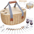 STBoo Picnic Basket for 4, Insulated Wicker Hamper with Folding Table, Willow Picnic Baskets Set with Large Insulated Cooler Bag for Camping Outdoor (Stripe)