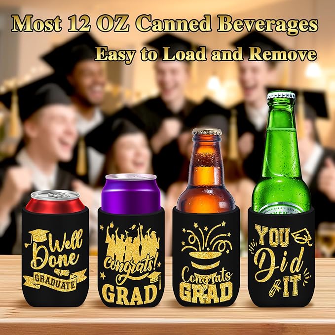 Graduation Can Cooler Sleeves, 18 Pack Black Gold Class of 2026 Neoprene Can Cover 9 Styles of Congrats Grad 12 OZ Drink Beer Soda Beverage for Graduation Party Supplies Gifts