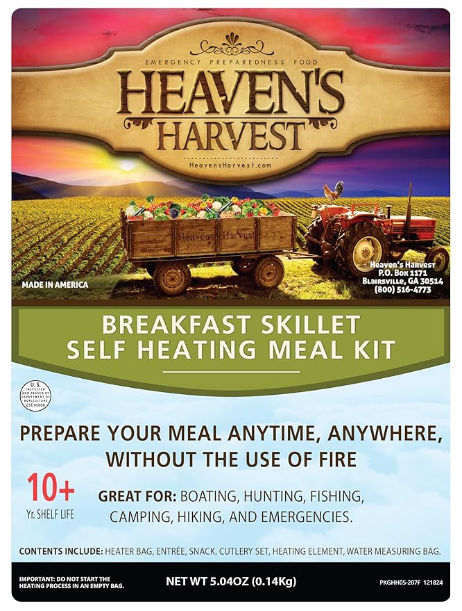 Heaven's Harvest Self-Heating Emergency Meal Kit (10 Year Shelf Life) — Tastier than MRE Meals & Ready-To-Eat in Minutes! Just add water to activate the “cooking” process. (Breakfast Skillet) (Single)