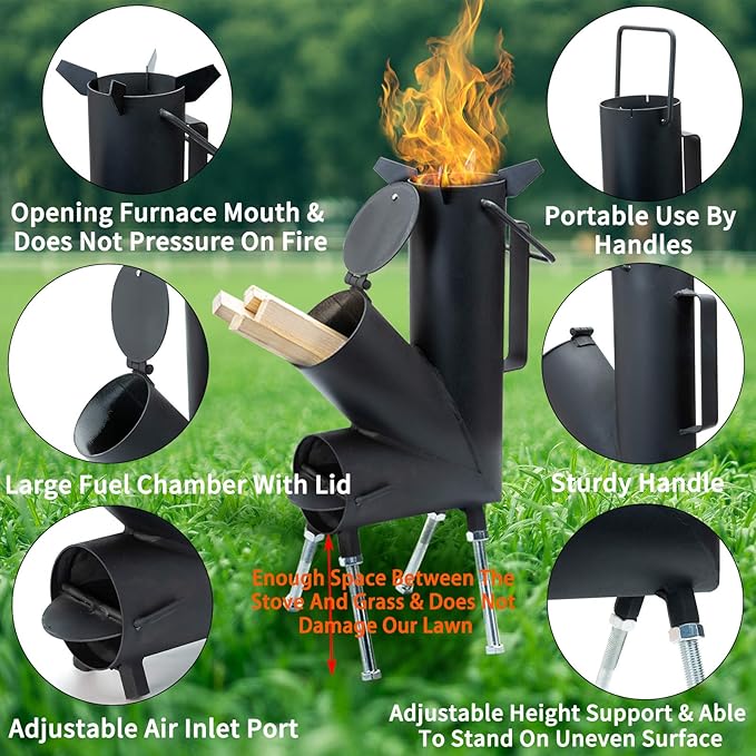 ROCKET STOVE is the perfect wood stove. A portable wood-burning camping stove with a fire poker. For camping gear & survival gear, backyard cooking. Camping grill, outdoor events. (Elite)