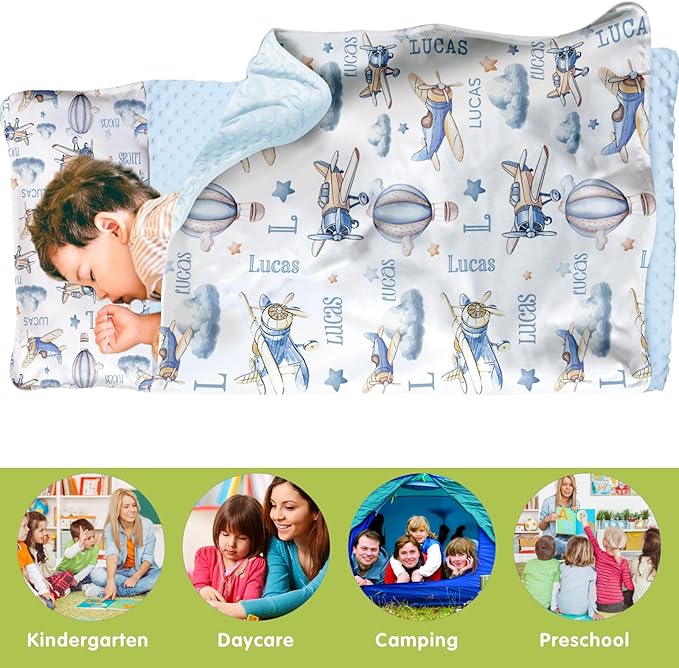 Personalized Toddler Nap Mats for Preschool, Custom Name Kids Sleeping Bag for Daycare, Roll Up Sleeping Mat with Removable Pillow and Soft Dot Minky Blanke for Boys Camping Travel