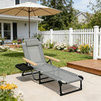 Folding Outdoor Chaise Lounge Chair, Portable Camping Cot with Headrest, 4 Position Beach Lounge with Cup Holders & Wooden Armrests, Sun Tanning Chair for Patio Pool Lawn, Supports 350lbs (Grey)