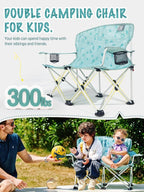EVER ADVANCED Kids Double Camping Chair, Foldable Loveseat for Siblings & Twins with Cup Holders, Padded Kid Chair with Mesh Pocket, Portable Outdoor Sofa for Beach, Playroom, Supports 300lbs, Green