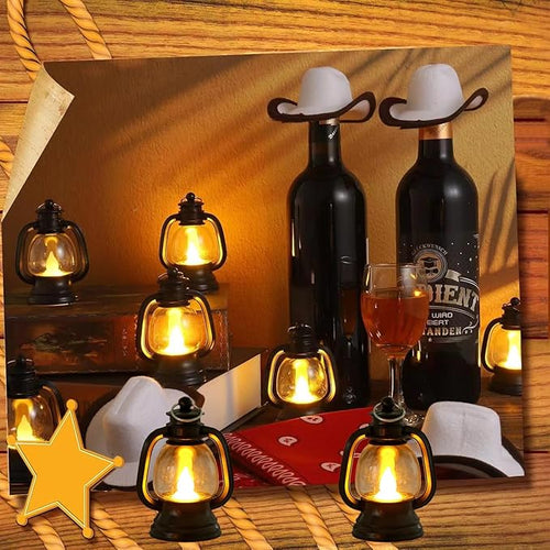 12 Pcs Mini Lanterns Decorative with LED Candle for Western Cowboy Xmas Home Decor Small Hanging Lantern Ornaments Camping Table Centerpiece Vintage Lantern Ornament