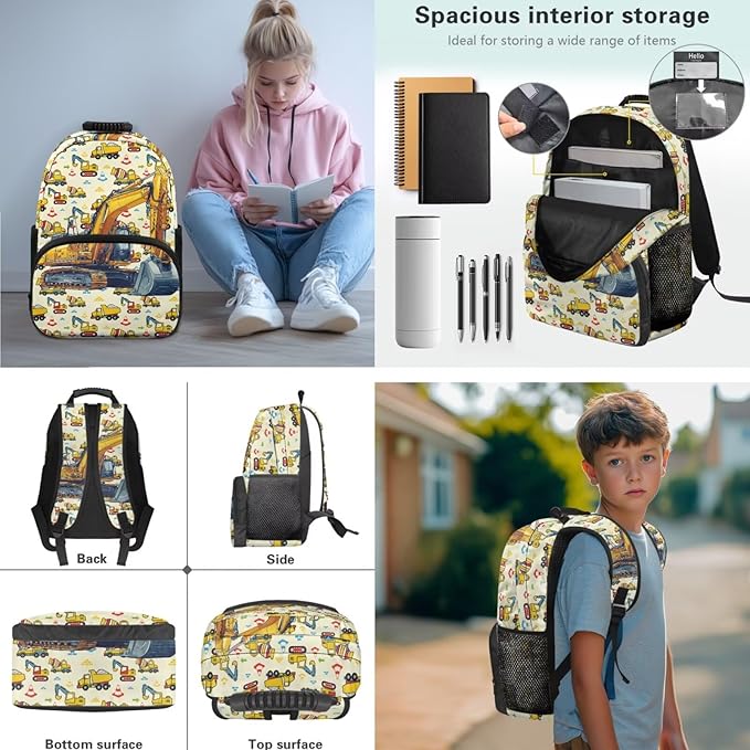 Excavator Backpack and Lunch Box Set Boys American Flag 17 Inch Kids School Backpack Boy Bookbag with Lunch Box Set of 4 Students Back to School Gifts Bag