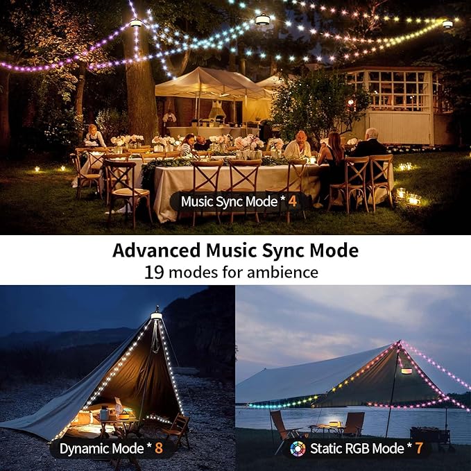 2-Pack Camping String Lights, 3 in 1 Upgraded Retractable RGB Outdoor String Lights with 19 Lighting Modes, Quick 30s Recovery, 32.8 FT Portable Tent Light, Rechargeable Camping Lantern (Black)