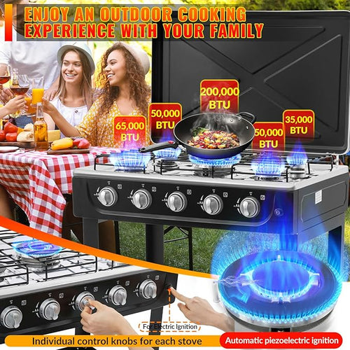 5 Burner Propane Gas Stove,400000BTU Portable Gas Stove with Support Leg Stand and Wind Blocking Cover Adapter Auto Ignition Camping Stove,propane burner for RV, Apartment, Outdoor Cooking