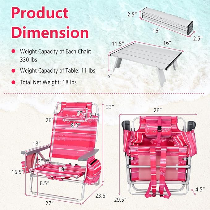 Tangkula Backpack Beach Chair with Table, 5-Position Lay Flat Beach Chairs with Cooler Bag, 2 Cup Holders, Towel Bar, Lightweight Low Folding Beach Chair with Backpack Straps