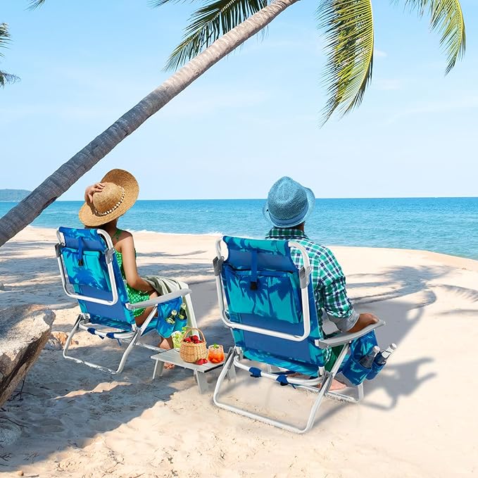 Giantex Folding Beach Chair, Patio Sling Chairs with 5 Adjustable Position, Head Pillow, Storage Bag, Towel Bar, Cup Holders, Backpack Chairs for Sunbathing, Camping Chair