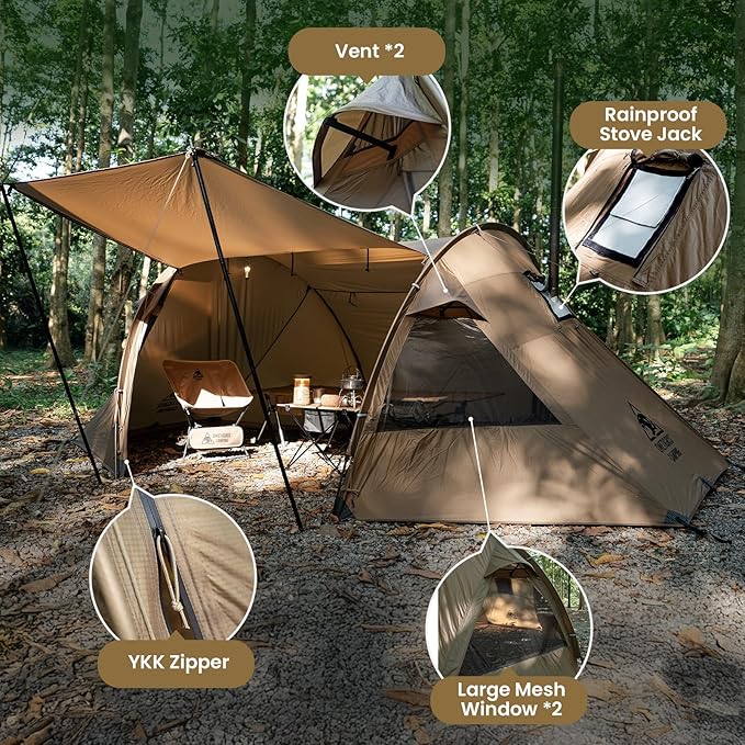 OneTigris Raven NEST Hot Tent with Stove Jack, Spacious Waterproof 2 Person Tunnel Tent for Camping, Hiking, Backpacking, Bushcraft