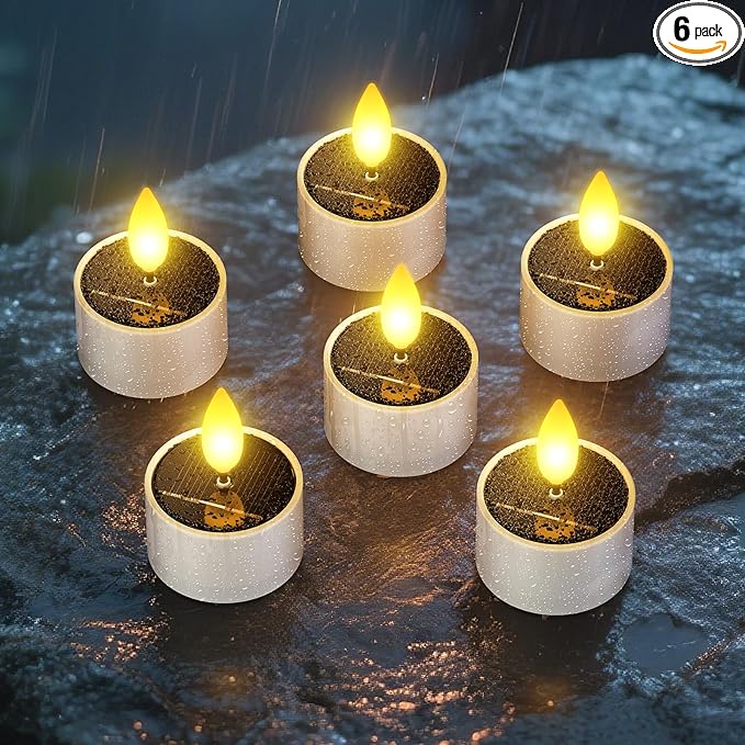 SoulBay Solar Tea Lights Outdoor Waterproof, 6 Pack Small Flameless Flickering Small Bright LED Candles Lights with Dusk to Dawn Sensor for Lanterns Window Chandelier Garden Patio Deck Décor