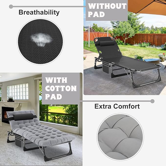 ABORON 5 Positions Camping Cots for Adults,Outdoor Folding Sleeping Cot/Mat,Folding Chaise Lounge Chair with Pillow,Portable Reclining Chair for Beach Lawn Camping Pool,Sunbathing Chairs
