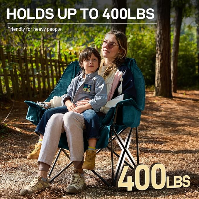 EVER ADVANCED XL Camping Chair with Detachable Cushion, Mesh Chair for Adults Foldable, Oversized Heavy Duty Folding Chair with Cooler Mesh Pocket Cupholder Outdoor Fishing, Supports 400LBS Green