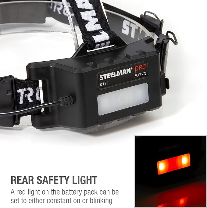 Steelman Pro Rechargeable Focusing Spotlight Headlamp, Motion-Sensing, Rear Safety Light, Pivoting Head, Up to 260 Lumens of Brightness