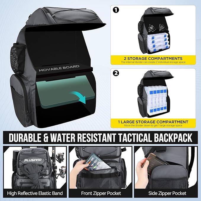 PLUSINNO Cooler Fishing Backpack with Rod Holders 45L Large Water-resistant Fishing Tackle bag Store Fishing Gear Fishing Gifts for Men Father, Sport Bags
