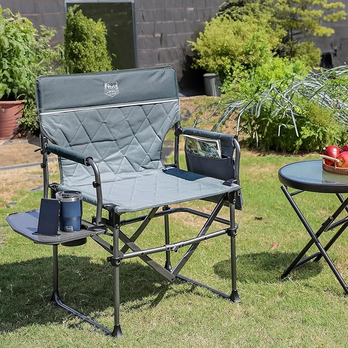 TIMBER RIDGE 2 Pack Aluminum Camping Directors Chair with Side Table Pocket, Portable Folding Heavy Duty Lawn Chair for Fishing Trip Picnic Concert Outdoor 400lbs, Grey