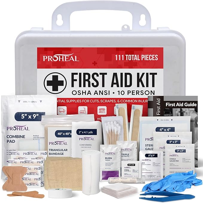 OSHA Compliant First Aid Kit - 10 Person, Type III, ANSI Class A, 111 Pieces for Business, Office, Home, Truck, Car & Construction Site - Wall Mountable | ProHeal