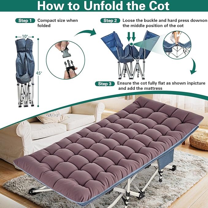 32" Wide XXL Camping Cot with Comfortable Mattress for Adults Oversize Cots for Sleeping Camping Bed Folding Cot Heavy Duty with Carry Bag for Home Outdoor Indoor