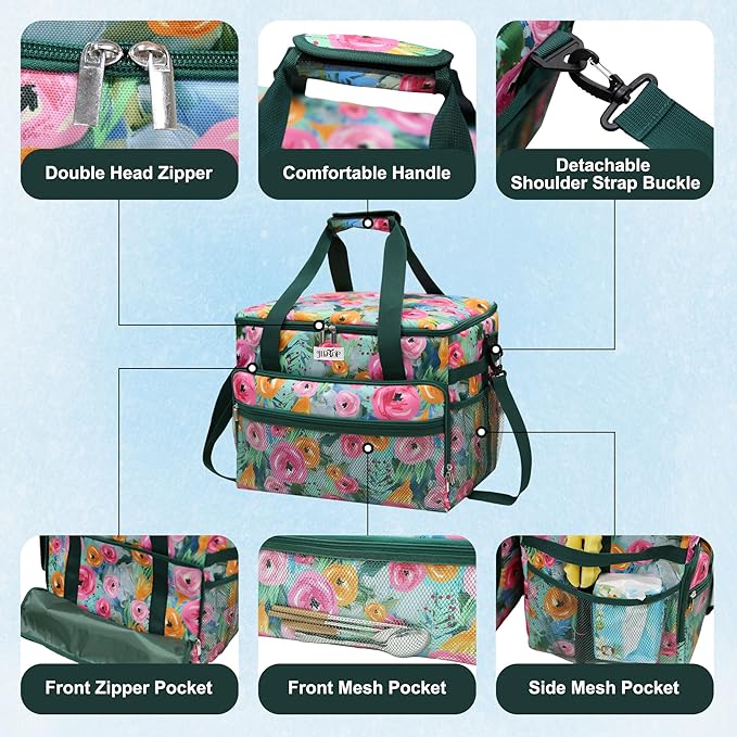 Soft Cooler Bag Floral 40 Cans, Collapsible Insulated Large Lunch Bag for Women, Portable Storage for Camping Travel Picnic BBQ Beach
