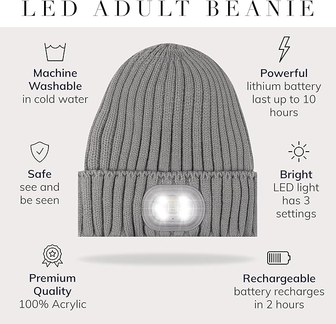 HEAD LIGHTZ® Rechargeable LED Beanie Hat – Hands-Free Lighted Cap for Running, Walking & Camping – As Seen on Oprah’s Favorite Things – Machine Washable, Unisex