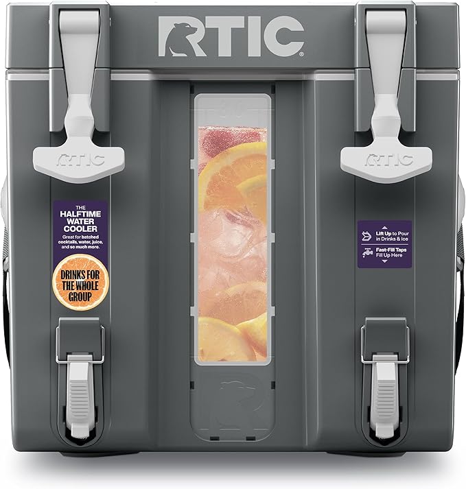 RTIC Halftime Water Cooler Portable Carrier Container, Drink Beverage Dispenser, Stackable with 2 Taps, Bottleless, BPA-Free, for Sports, Camping, BBQ, Parties, Picnic, & More, Dark Grey & Cool Grey