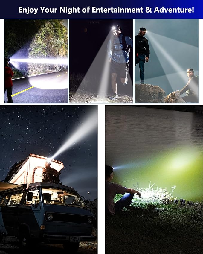 Rechargeable Headlamp, 100,000LM Bright HeadLamp, 40H Runtime Weatherproof LED Headlight, 90° Adjustable Zoom Headlights for Forehead, Hiking Camping Headlamps for Adults