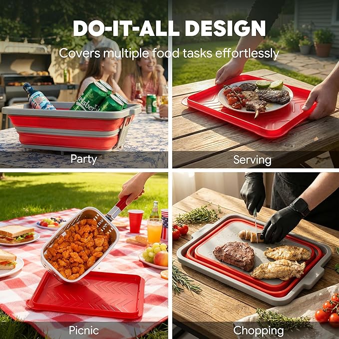9-IN-1 Collapsible BBQ Prep Tub with Cutting Board, Portable Grill Prep Station with Side Brackets, Lids, Knives, Meat Claws and Drain Rack, Space-Saving for Kitchen, RV, Camping, Red