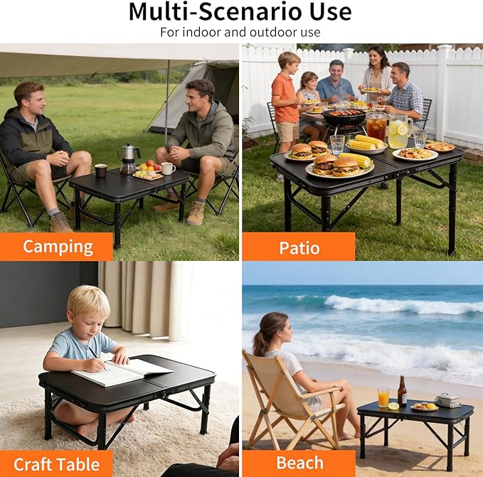 2FT Small Camping Portable Table, Black Aluminum Frame, Adjustable Height up to 21", Lightweight Carry Handle, Portable for Travel, Camping Outdoor Use