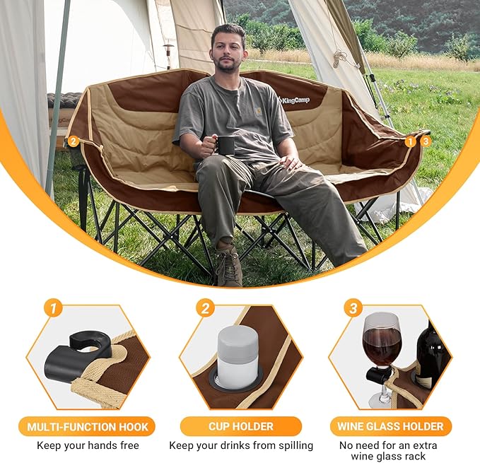 KingCamp 3 Person Camping Chair, Oversized 660lbs Heavy Duty Loveseat for Adults Portable Folding XL 2 Person Couch Padded Comfortable Three Seat with Cup Holder for Outdoor Lawn, Khaki/Coffee