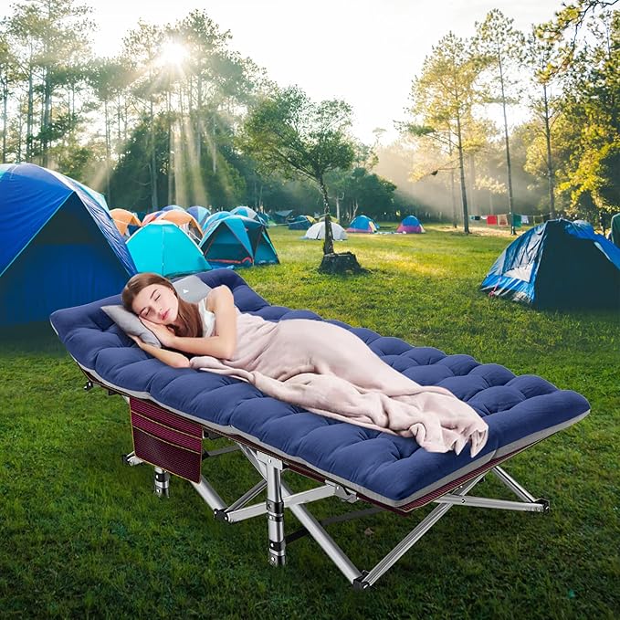 LILYPELLE Folding Camping Cot, Extra Wide Heavy Duty Sleeping Cots with Carry Bag, Double Layer Oxford Portable Travel Camp Cots for Home, Office Nap and Outdoor Beach