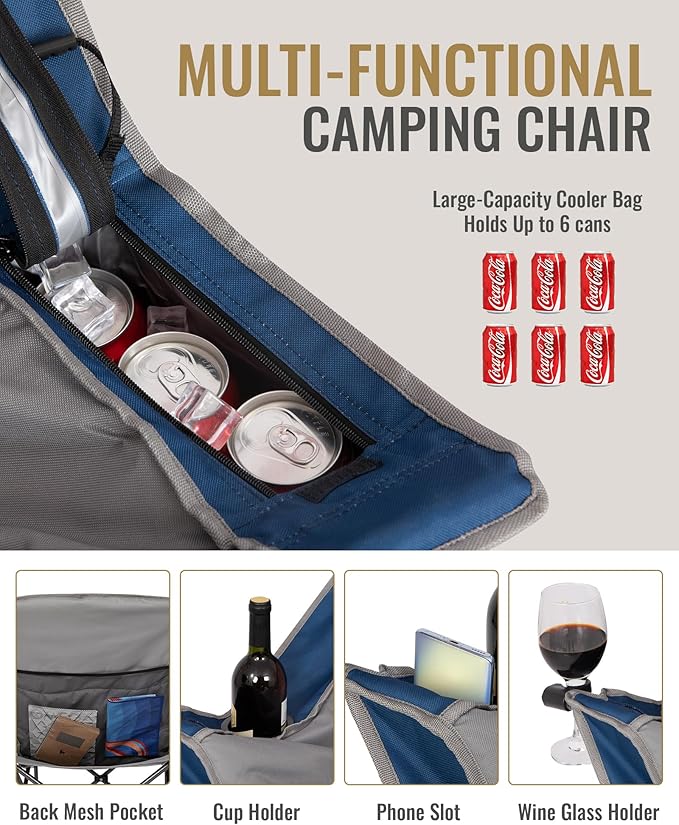 KingCamp Oversized XL Camping Chair, Heavy Duty 500lbs Folding Couch for Adults, Padded Large Comfortable Sofa Seat with Cooler Bag Cup Holder for Outdoor Sports Fishing Patio Lawn