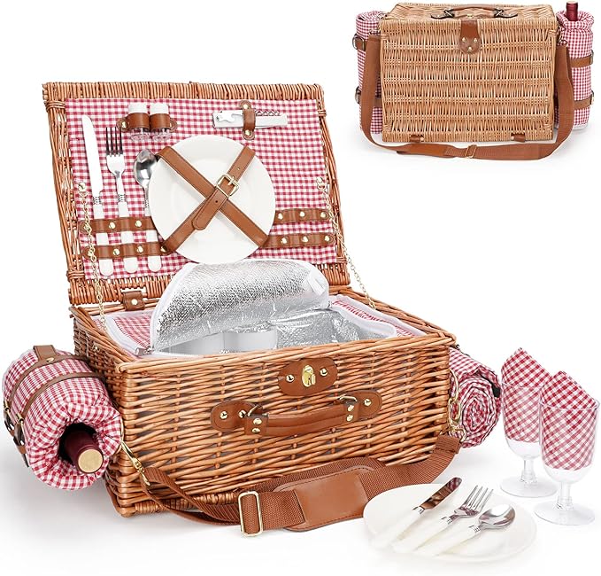 Picnic Basket for 2, Picnic Baskets with Waterproof Blanket, Picnic Hamper Set with Washable Beach Mat & Large Insulated Cooler Compartment, Handmade Natural Wicker Hamper for Camping, Outdoor Party