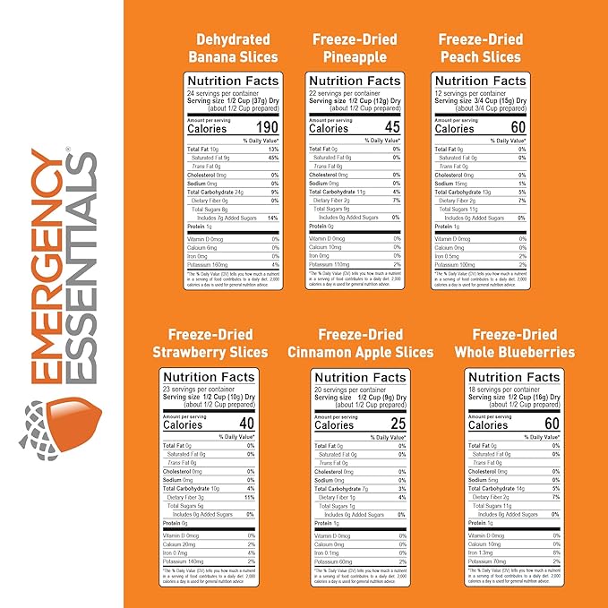 Emergency Essentials MEGA Fruit Kit | Freeze Dried & Dehydrated Fruit Variety | 119 Servings | Up To 30 Year Shelf Life | Apples, Strawberries, Blueberries, Peaches, Bananas, Pineapple